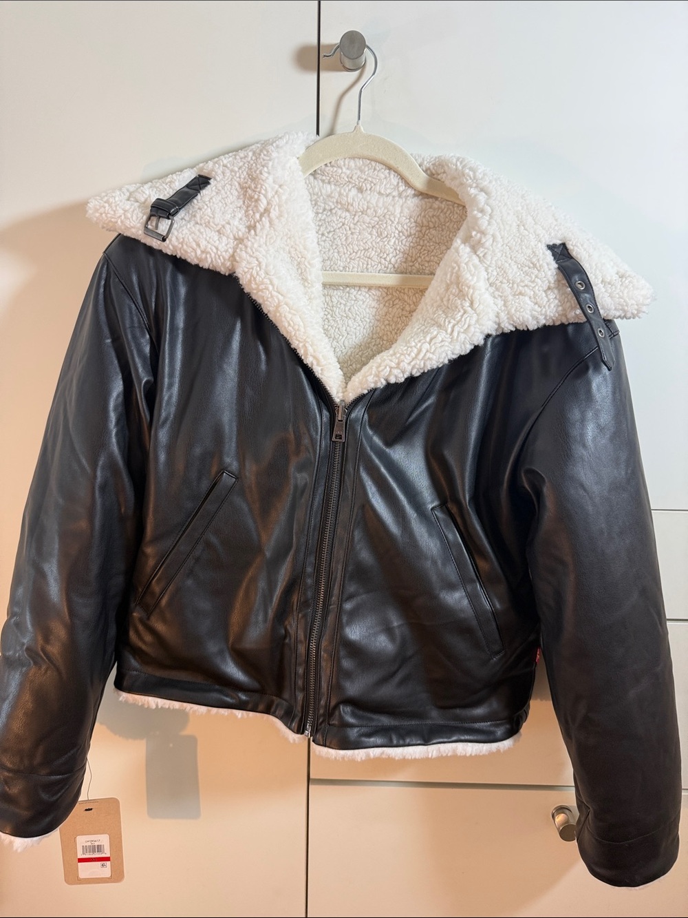 Levi's Black Faux Leather Jacket with Cream Sherpa Lining